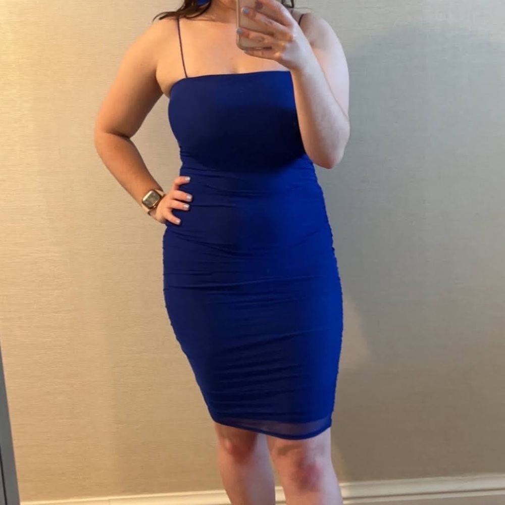 Knee Length Formal Fitted Ruched Blue Dress